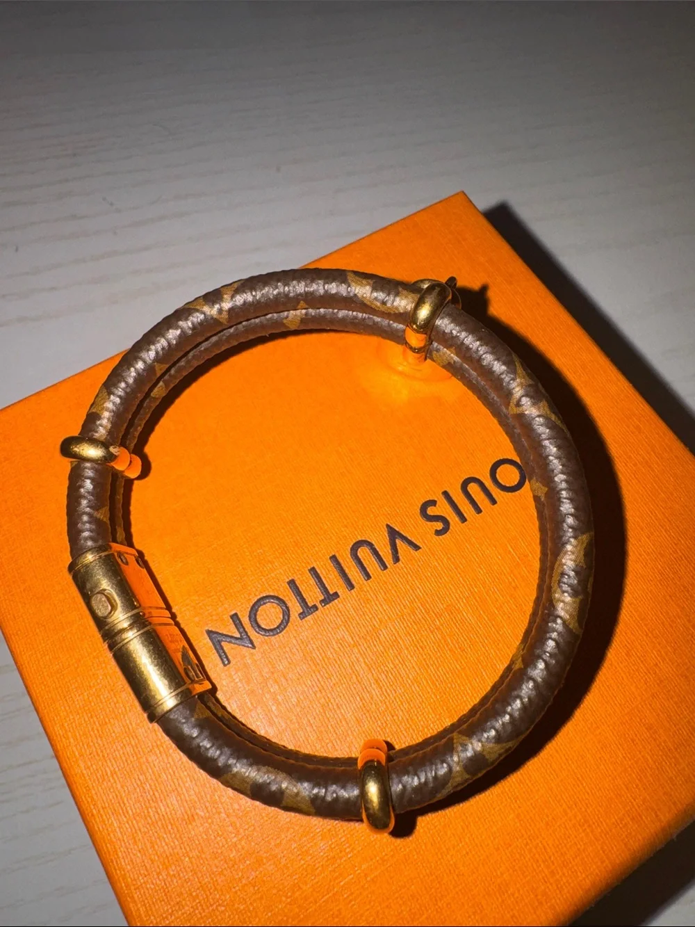 Authentic Louis Vuitton Brown and Gold Monogram Padlock Bracelet - Picture 2 of 2